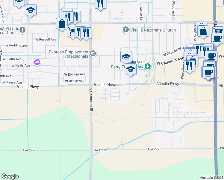 map of restaurants, bars, coffee shops, grocery stores, and more near 3433 West Milan Avenue in Visalia