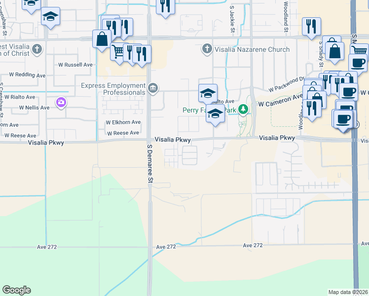 map of restaurants, bars, coffee shops, grocery stores, and more near 3433 West Milan Avenue in Visalia