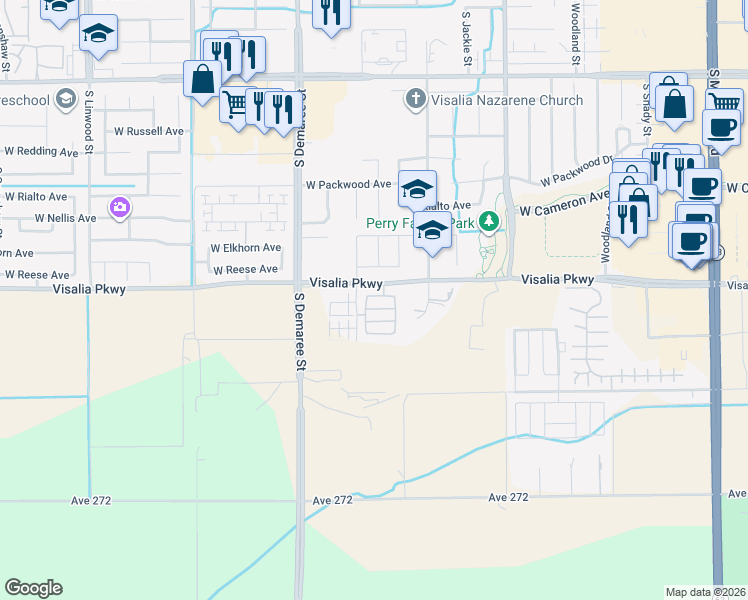 map of restaurants, bars, coffee shops, grocery stores, and more near 4485 South Dans Street in Visalia