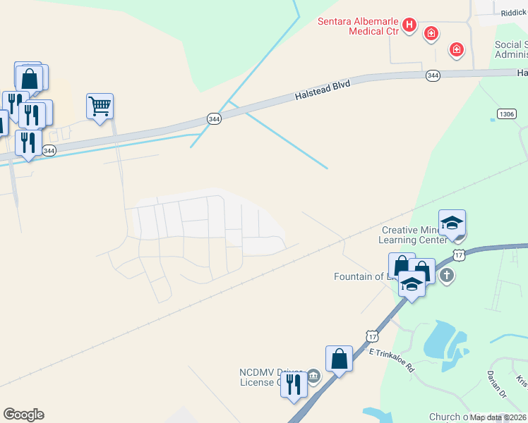map of restaurants, bars, coffee shops, grocery stores, and more near 3500 Goose Pond Way in Elizabeth City