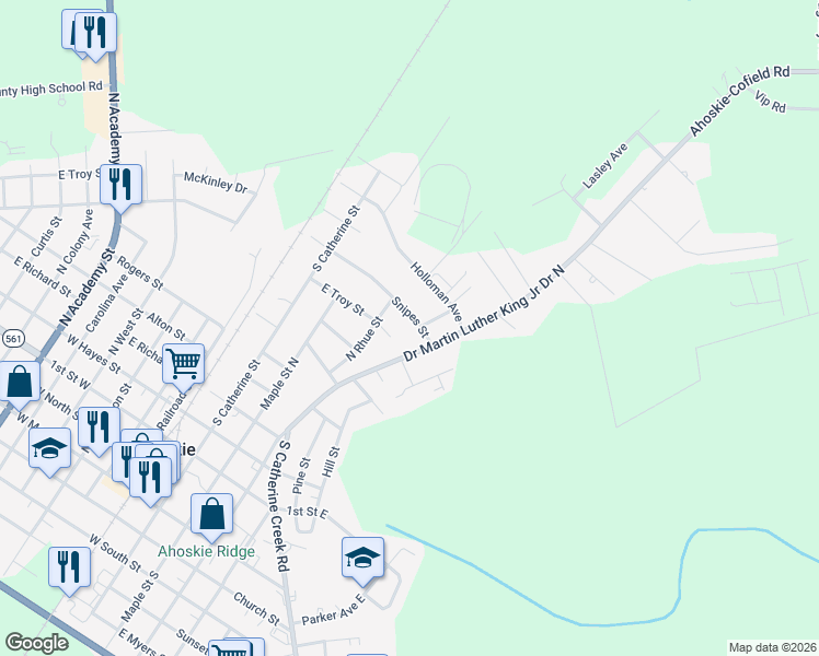 map of restaurants, bars, coffee shops, grocery stores, and more near 526 Snipes Street in Ahoskie