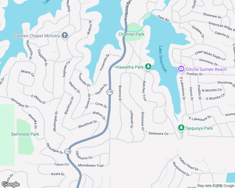 map of restaurants, bars, coffee shops, grocery stores, and more near 33 Boanna Drive in Cherokee Village