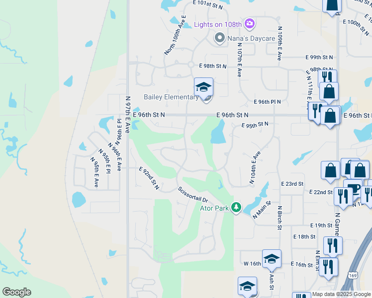 map of restaurants, bars, coffee shops, grocery stores, and more near North 101st East Avenue in Owasso