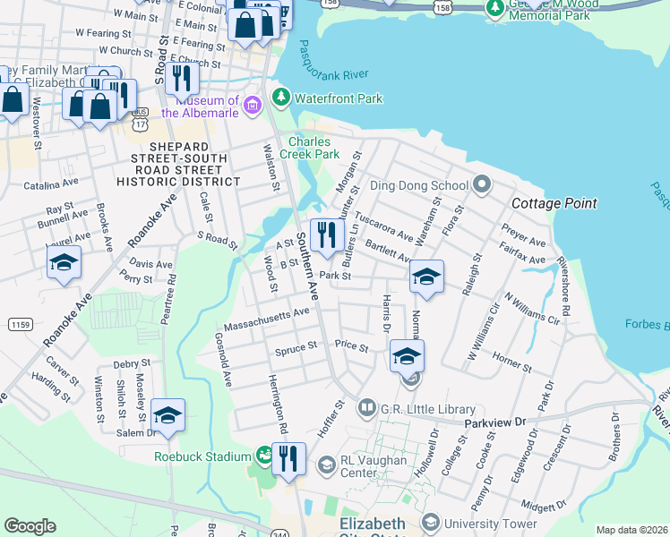 map of restaurants, bars, coffee shops, grocery stores, and more near 1018 Butlers Lane in Elizabeth City