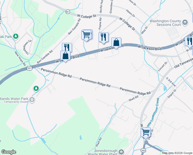 map of restaurants, bars, coffee shops, grocery stores, and more near 1210 Persimmon Ridge Road in Jonesborough
