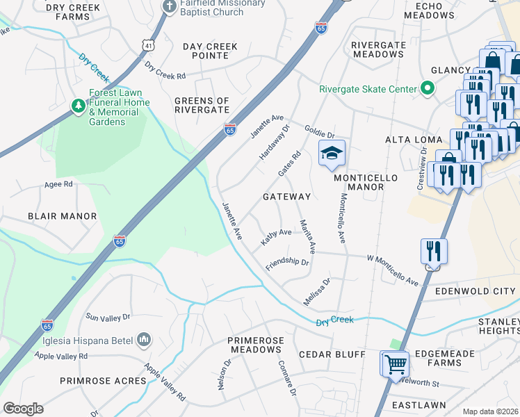map of restaurants, bars, coffee shops, grocery stores, and more near 205 Cindy Place in Goodlettsville