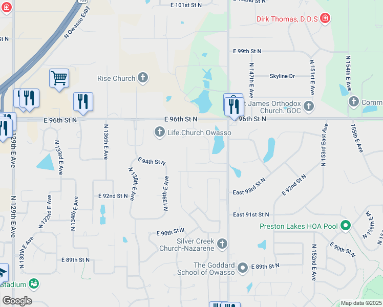 map of restaurants, bars, coffee shops, grocery stores, and more near 14403 East 95th Place North in Owasso