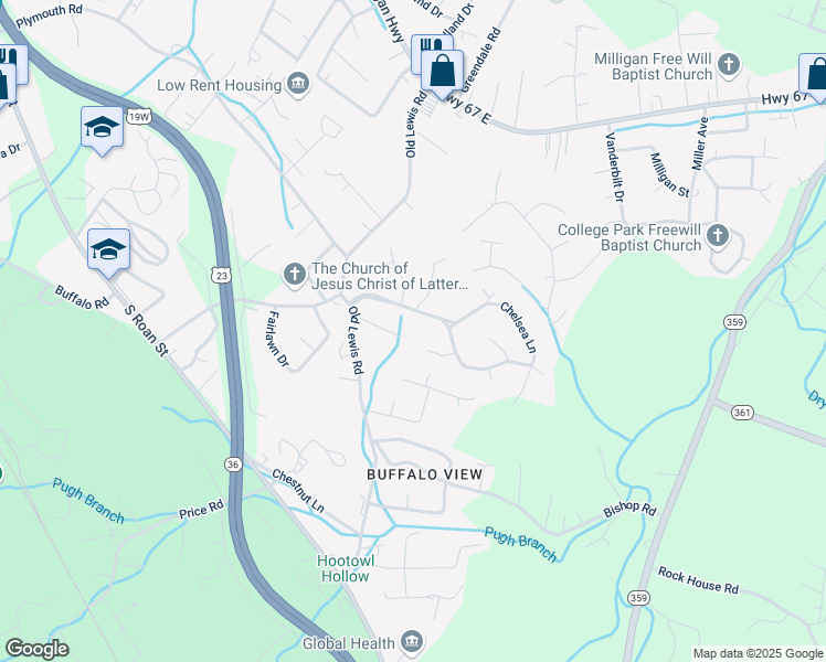 map of restaurants, bars, coffee shops, grocery stores, and more near 3314 Martindale Drive in Johnson City