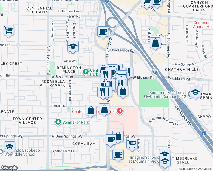 map of restaurants, bars, coffee shops, grocery stores, and more near 7155 North Durango Drive in Las Vegas