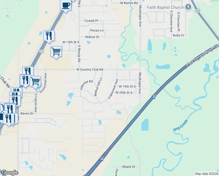 map of restaurants, bars, coffee shops, grocery stores, and more near 1803 South Missouri Avenue in Claremore
