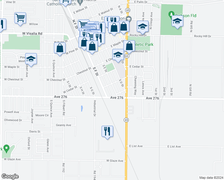 map of restaurants, bars, coffee shops, grocery stores, and more near 532 South E Street in Exeter