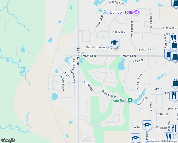 map of restaurants, bars, coffee shops, grocery stores, and more near 9901 East 93rd Court North in Owasso