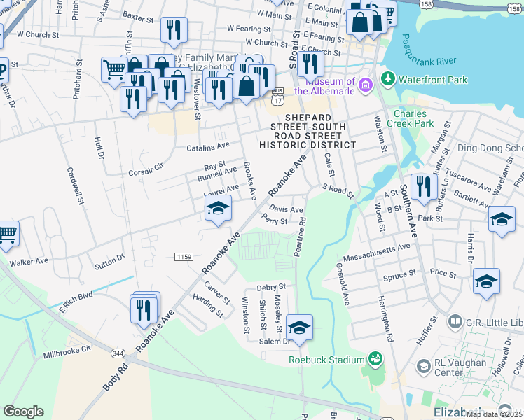 map of restaurants, bars, coffee shops, grocery stores, and more near 411 Roanoke Avenue in Elizabeth City