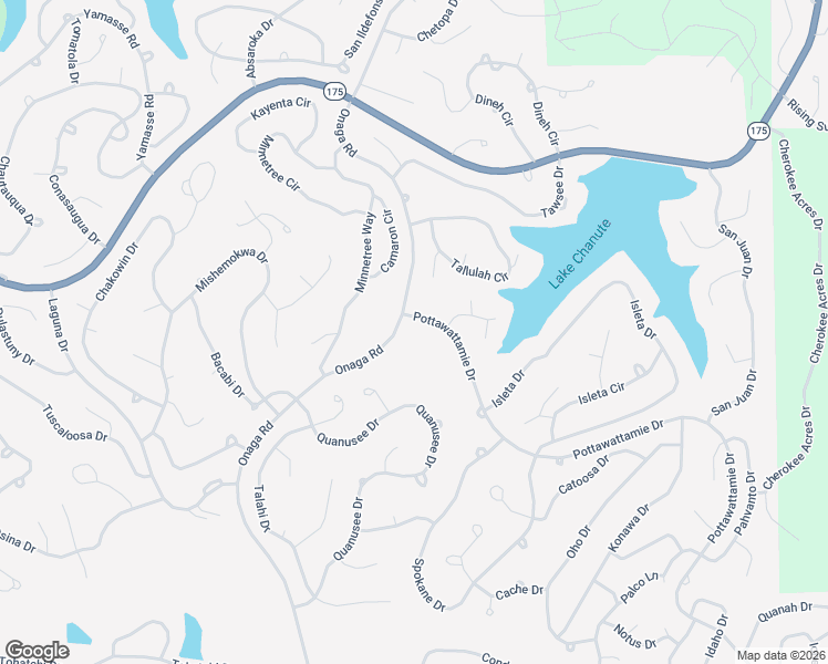 map of restaurants, bars, coffee shops, grocery stores, and more near Pottawattamie Drive in Cherokee Village