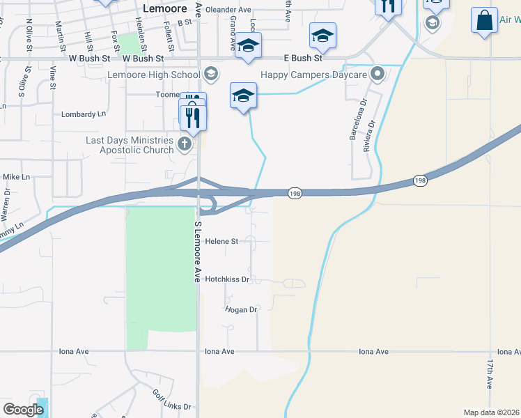 map of restaurants, bars, coffee shops, grocery stores, and more near 524 Philan Circle in Lemoore