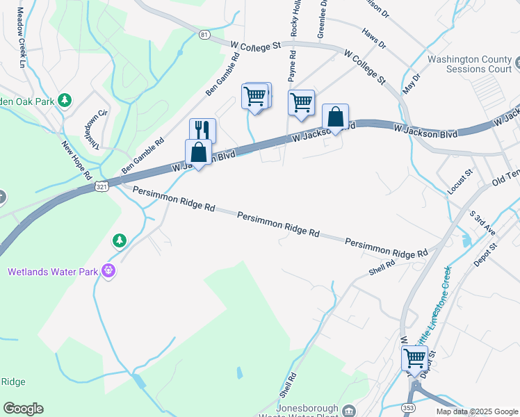 map of restaurants, bars, coffee shops, grocery stores, and more near 1210 Persimmon Ridge Road in Jonesborough