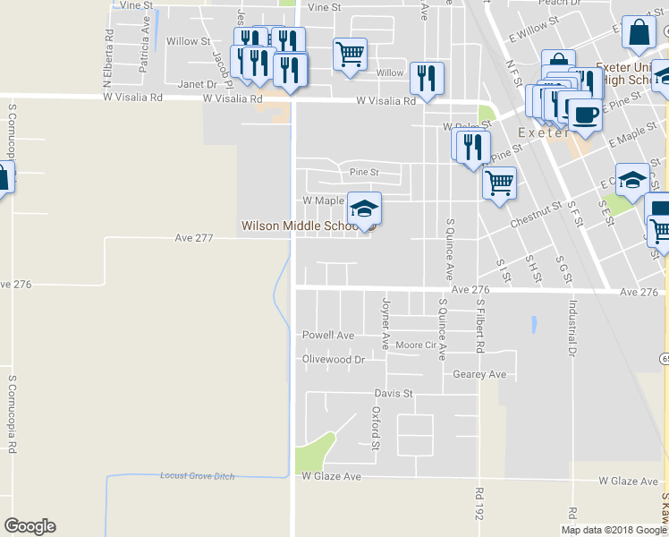 map of restaurants, bars, coffee shops, grocery stores, and more near 401 South Francis Avenue in Exeter