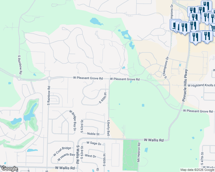 map of restaurants, bars, coffee shops, grocery stores, and more near 5111 South 60th Place in Rogers