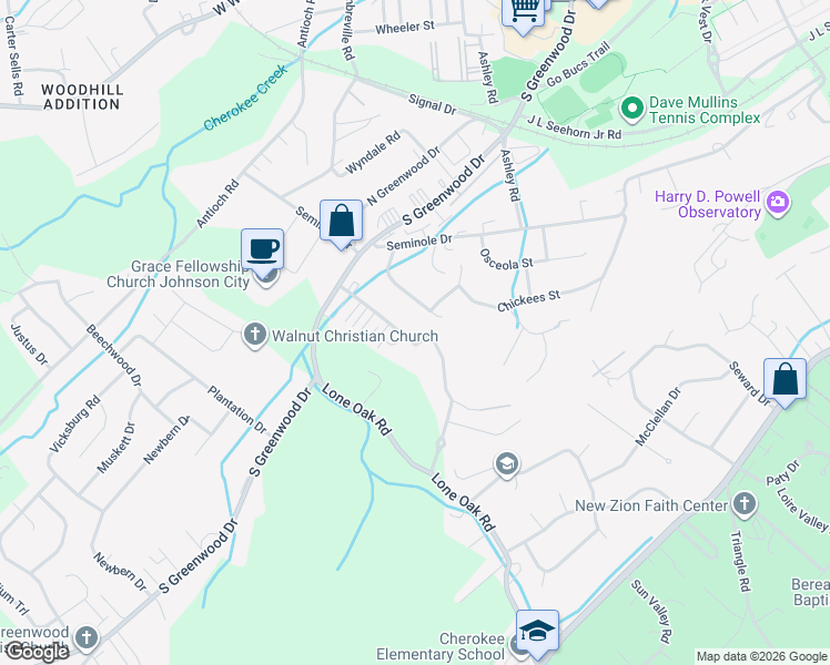 map of restaurants, bars, coffee shops, grocery stores, and more near 1419 Colony Park Drive in Johnson City
