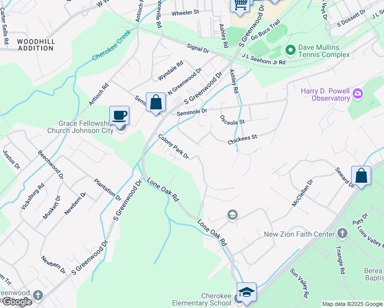 map of restaurants, bars, coffee shops, grocery stores, and more near 1415 Colony Park Drive in Johnson City