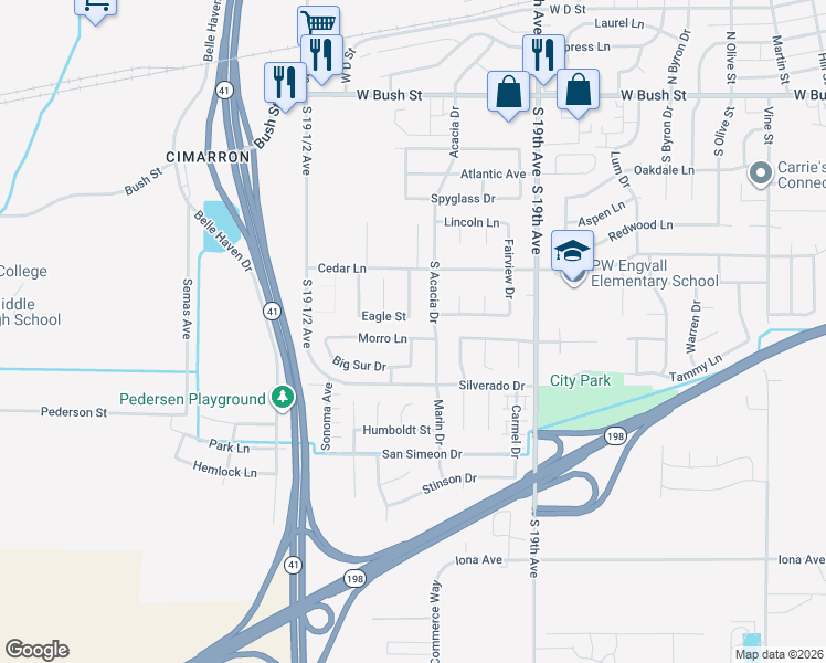 map of restaurants, bars, coffee shops, grocery stores, and more near 1536 Morro Lane in Lemoore