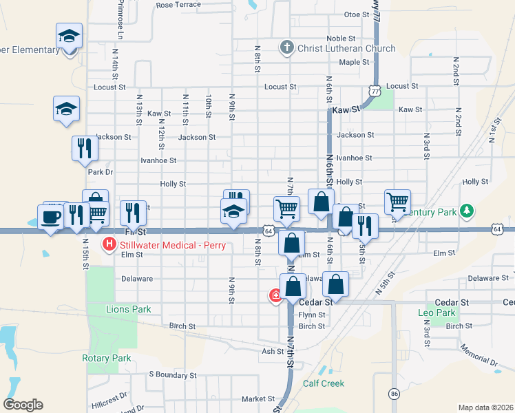 map of restaurants, bars, coffee shops, grocery stores, and more near 699 North 8th Street in Perry
