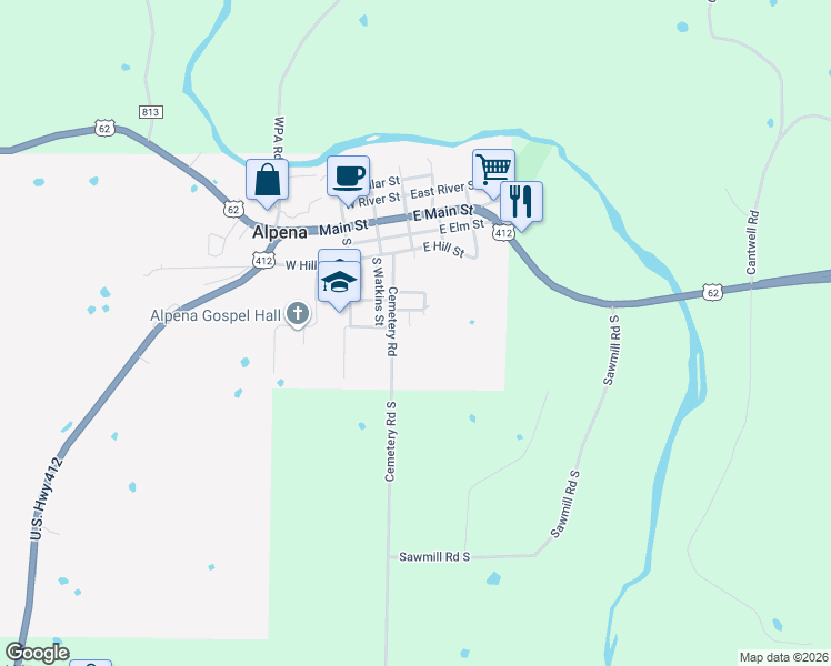 map of restaurants, bars, coffee shops, grocery stores, and more near 403 Shady Lane in Alpena