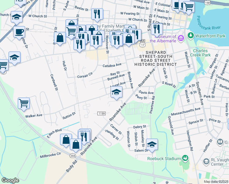 map of restaurants, bars, coffee shops, grocery stores, and more near 808 Jefferson Street in Elizabeth City