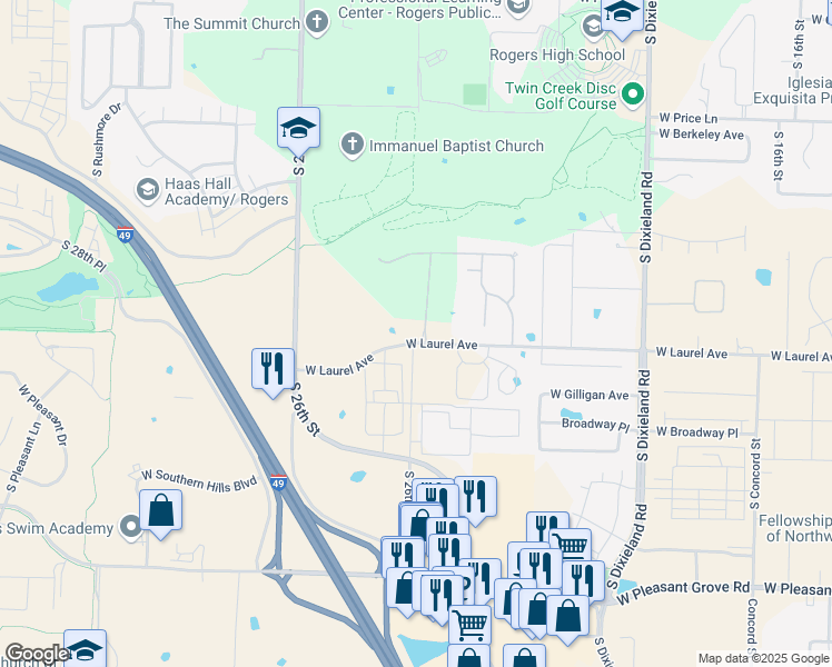 map of restaurants, bars, coffee shops, grocery stores, and more near 2806 South 24th Street in Rogers