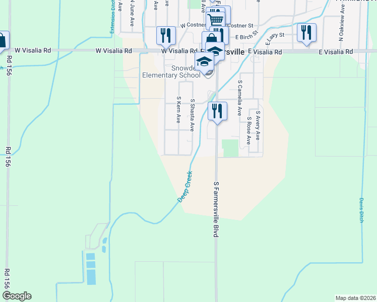 map of restaurants, bars, coffee shops, grocery stores, and more near 857 South Shasta Avenue in Farmersville