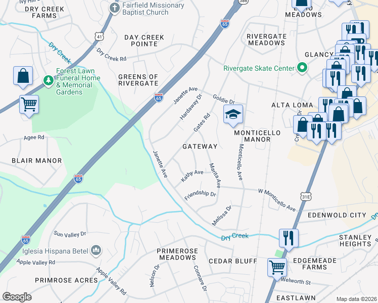 map of restaurants, bars, coffee shops, grocery stores, and more near 205 Cindy Place in Goodlettsville