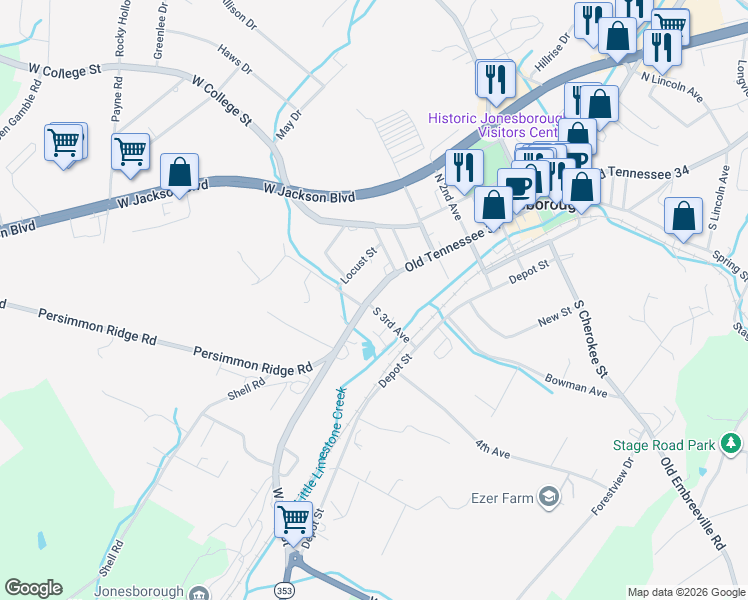 map of restaurants, bars, coffee shops, grocery stores, and more near 513 Tennessee 81 in Jonesborough