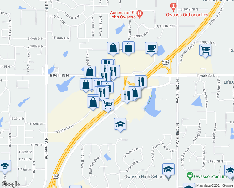 map of restaurants, bars, coffee shops, grocery stores, and more near 9540 North 121st East Avenue in Owasso