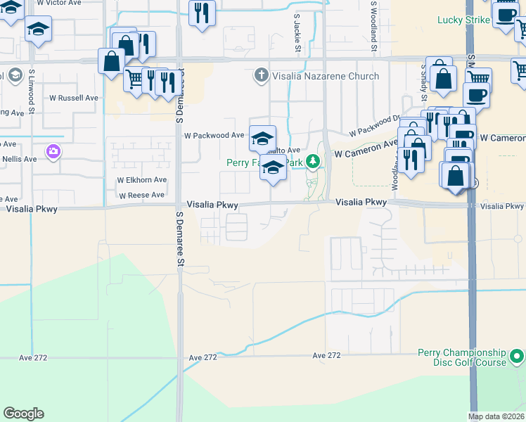 map of restaurants, bars, coffee shops, grocery stores, and more near 4485 South Dans Street in Visalia
