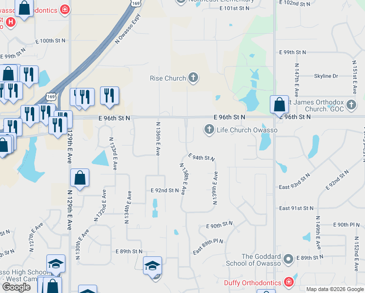 map of restaurants, bars, coffee shops, grocery stores, and more near 9501 North 137th Court East in Owasso