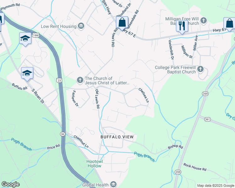 map of restaurants, bars, coffee shops, grocery stores, and more near 3314 Martindale Drive in Johnson City