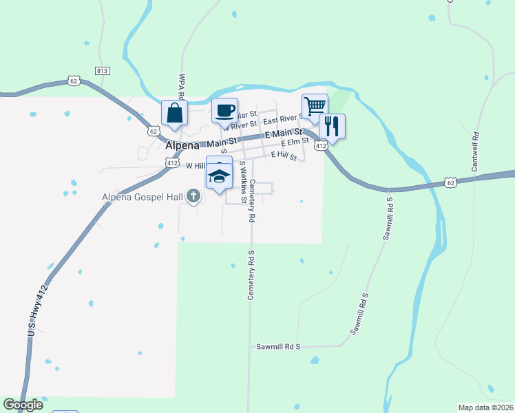 map of restaurants, bars, coffee shops, grocery stores, and more near 403 Shady Lane in Alpena