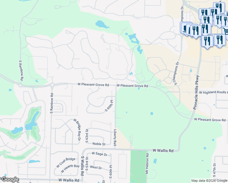 map of restaurants, bars, coffee shops, grocery stores, and more near 5111 South 60th Place in Rogers