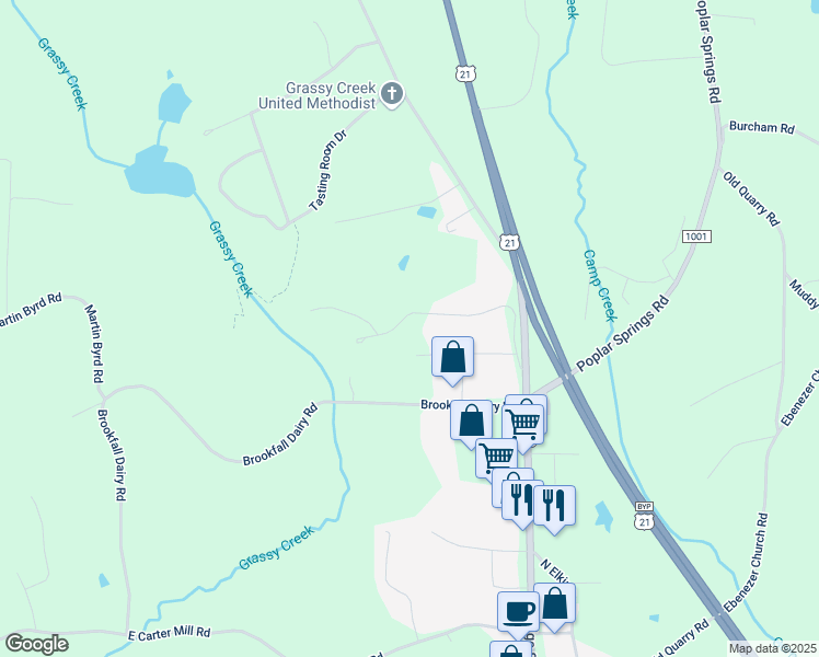 map of restaurants, bars, coffee shops, grocery stores, and more near 299 Grassy Creek Drive in State Road