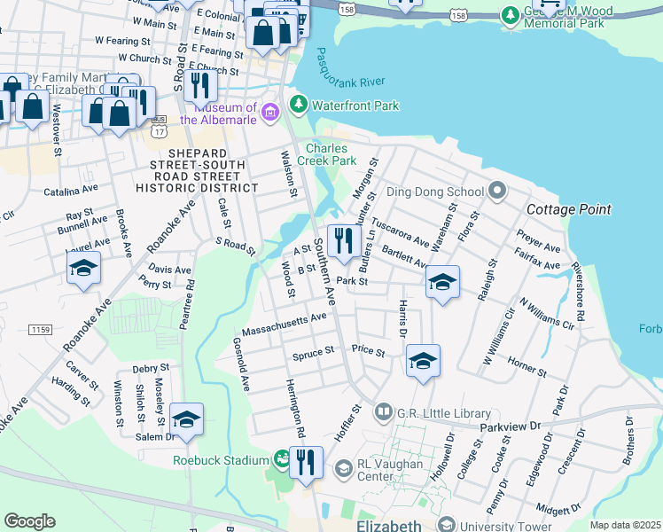 map of restaurants, bars, coffee shops, grocery stores, and more near 1010 Southern Ave in Elizabeth City