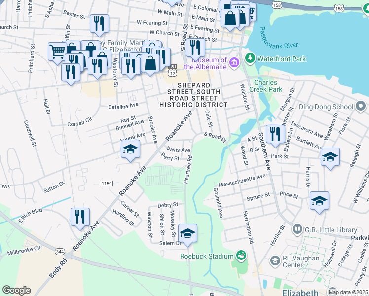 map of restaurants, bars, coffee shops, grocery stores, and more near 306 Davis Avenue in Elizabeth City