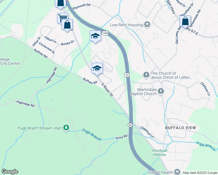 map of restaurants, bars, coffee shops, grocery stores, and more near 2723 South Roan Street in Johnson City
