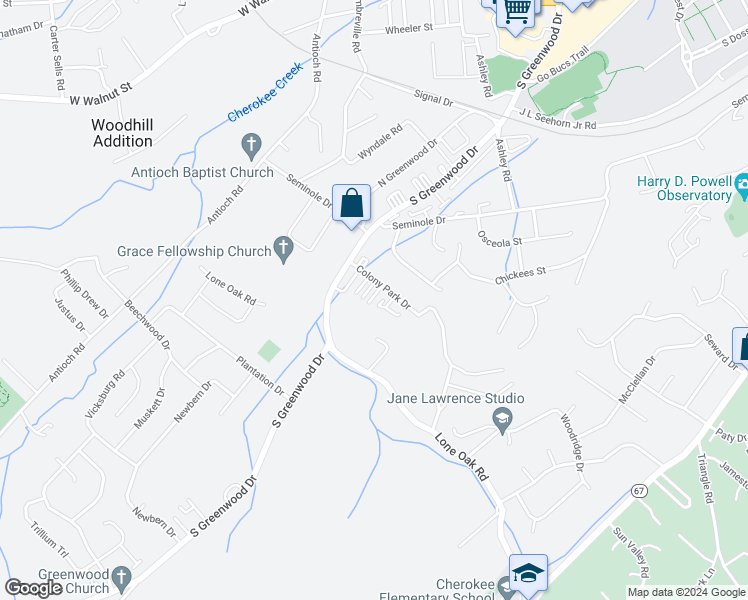 map of restaurants, bars, coffee shops, grocery stores, and more near 1412 Colony Park Drive in Johnson City