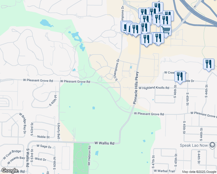 map of restaurants, bars, coffee shops, grocery stores, and more near 8415 West Pleasant Grove Road in Rogers
