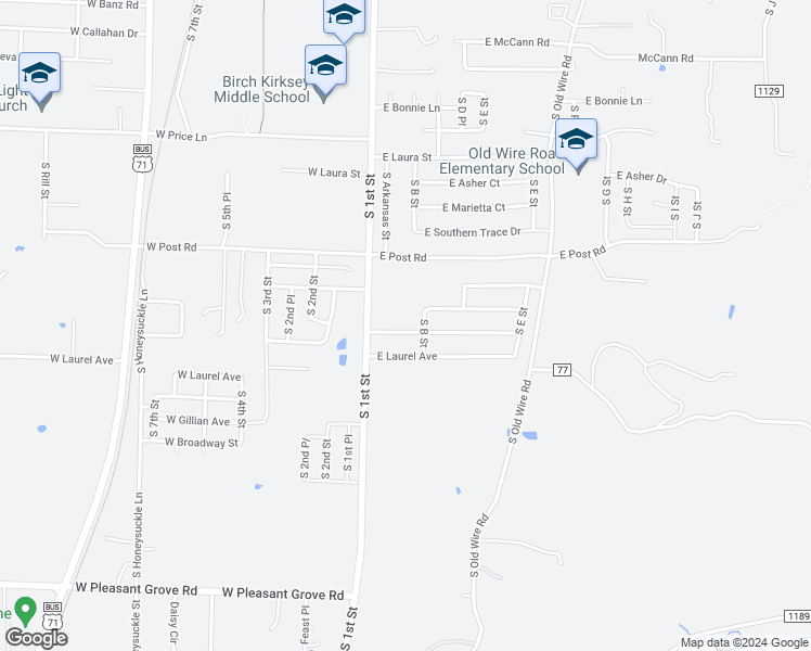 map of restaurants, bars, coffee shops, grocery stores, and more near 111 East Southpointe Avenue in Rogers