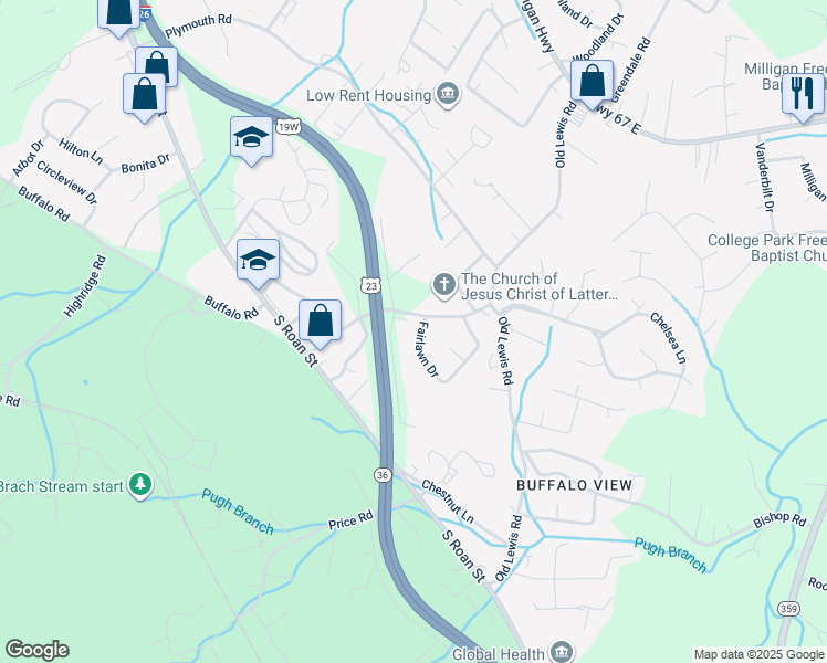 map of restaurants, bars, coffee shops, grocery stores, and more near 104 Fairlawn Drive in Johnson City