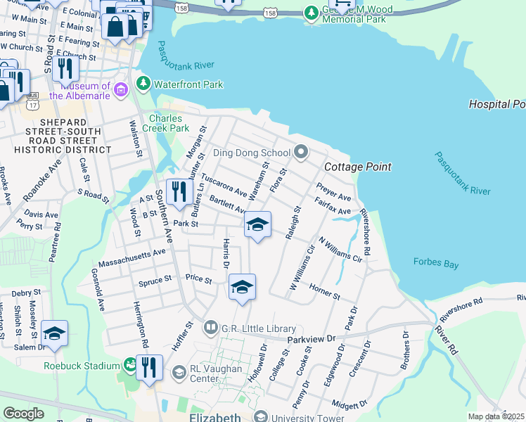 map of restaurants, bars, coffee shops, grocery stores, and more near 1012 Flora Street in Elizabeth City