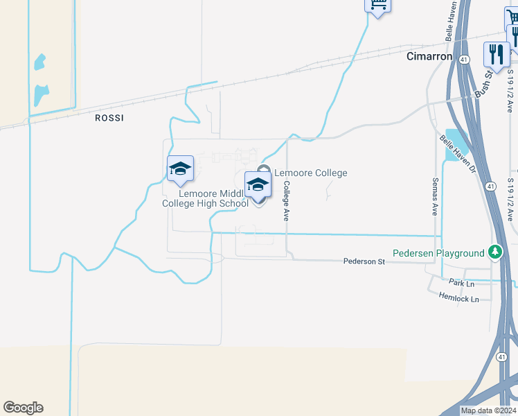 map of restaurants, bars, coffee shops, grocery stores, and more near 555 College Avenue in Lemoore