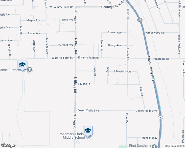 map of restaurants, bars, coffee shops, grocery stores, and more near 141 East Bluebird Avenue in Pahrump