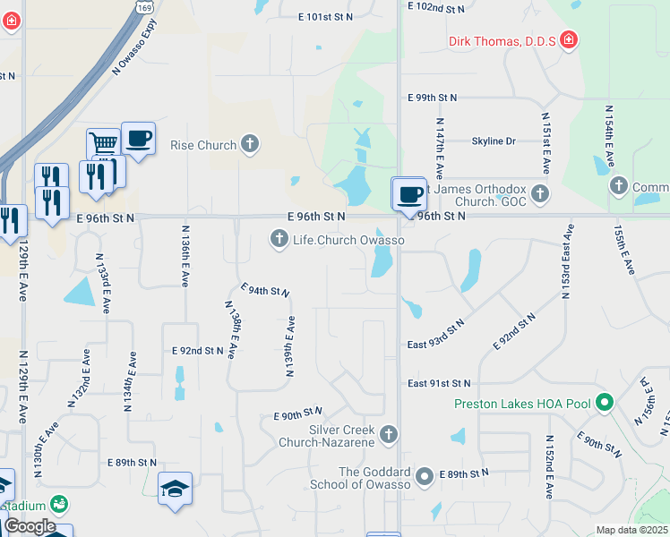 map of restaurants, bars, coffee shops, grocery stores, and more near 14403 East 95th Place North in Owasso